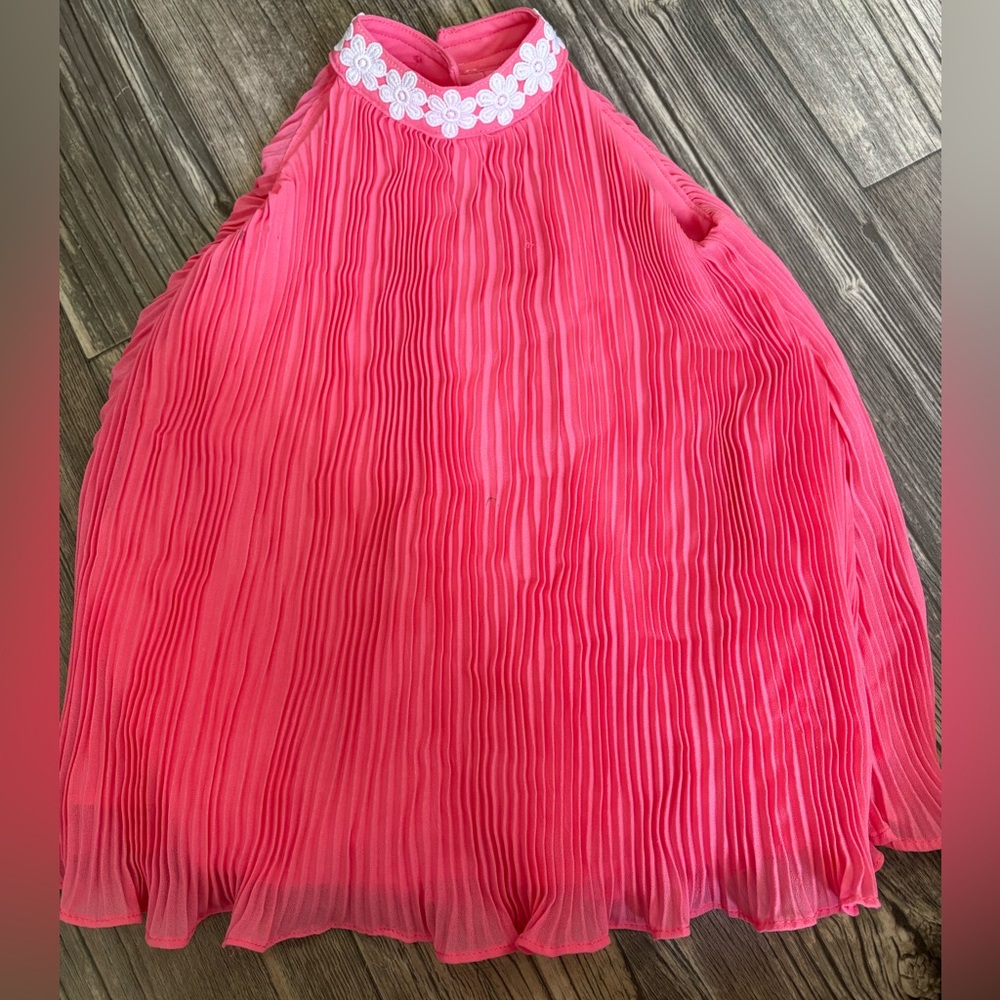 Janie and Jack Bright Coral Pink Pleated Halter Dress with White Floral Trim